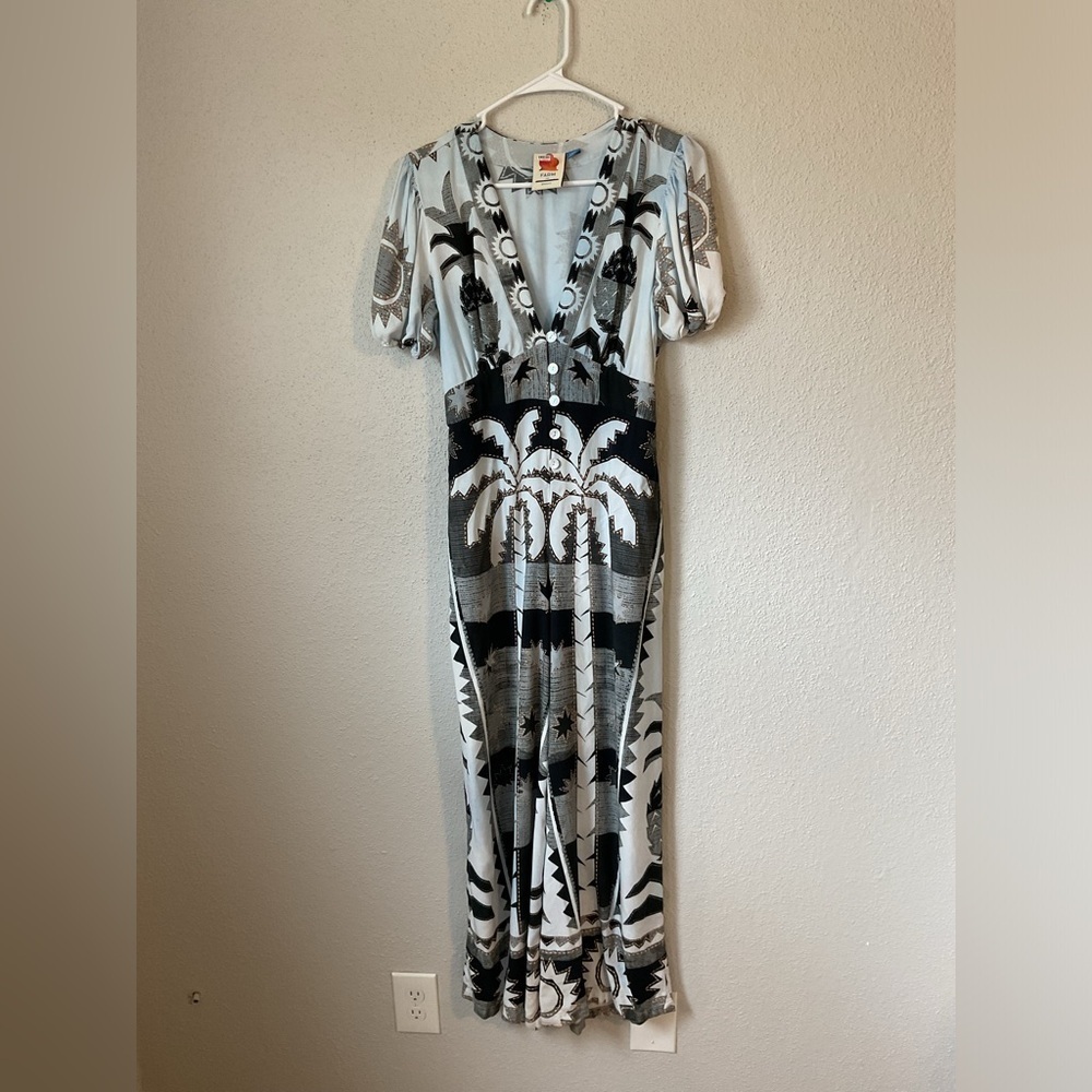 Farm Rio Puff-Sleeve Linen Jumpsuit Black White Size Small Petite - Picture 3 of 15